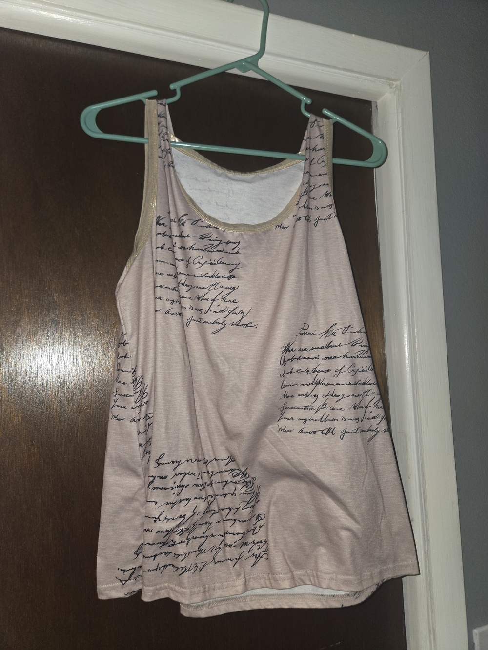 SHEIN Light Pink Script-Print Tank with Gold Trim
